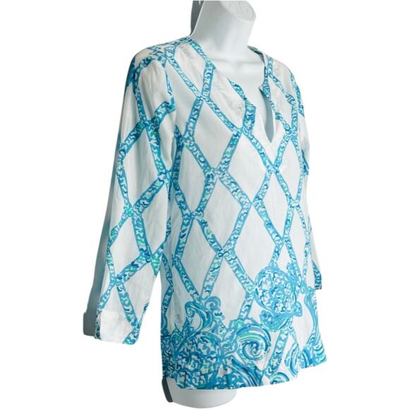 Lilly Pulitzer White Turquoise Amelia Island Tunic Turtle Cove Lattice Sheer XS - Picture 8 of 9